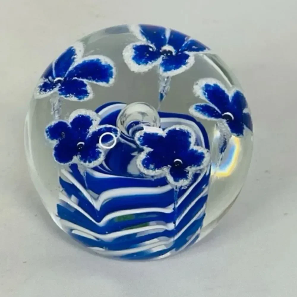 Trumpet Flowers Blue & White Paperweight Swirl 3.5